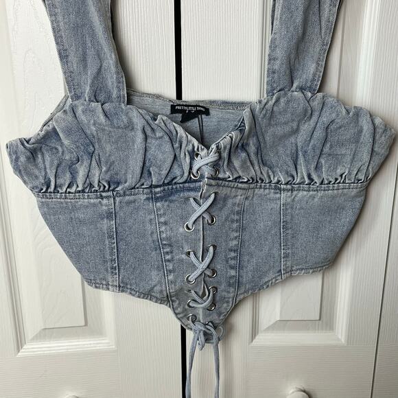 Pretty Little Thing Vintage Bleach Wash Ruched Bust Detail Lace Up Corset 14 - Picture 4 of 13